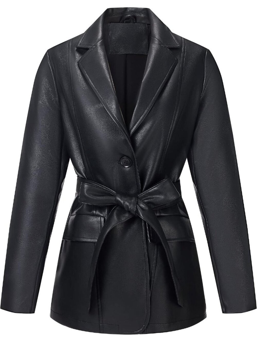 Women’s Black Faux Leather Blazer Jacket with Belt Soft PU Coat